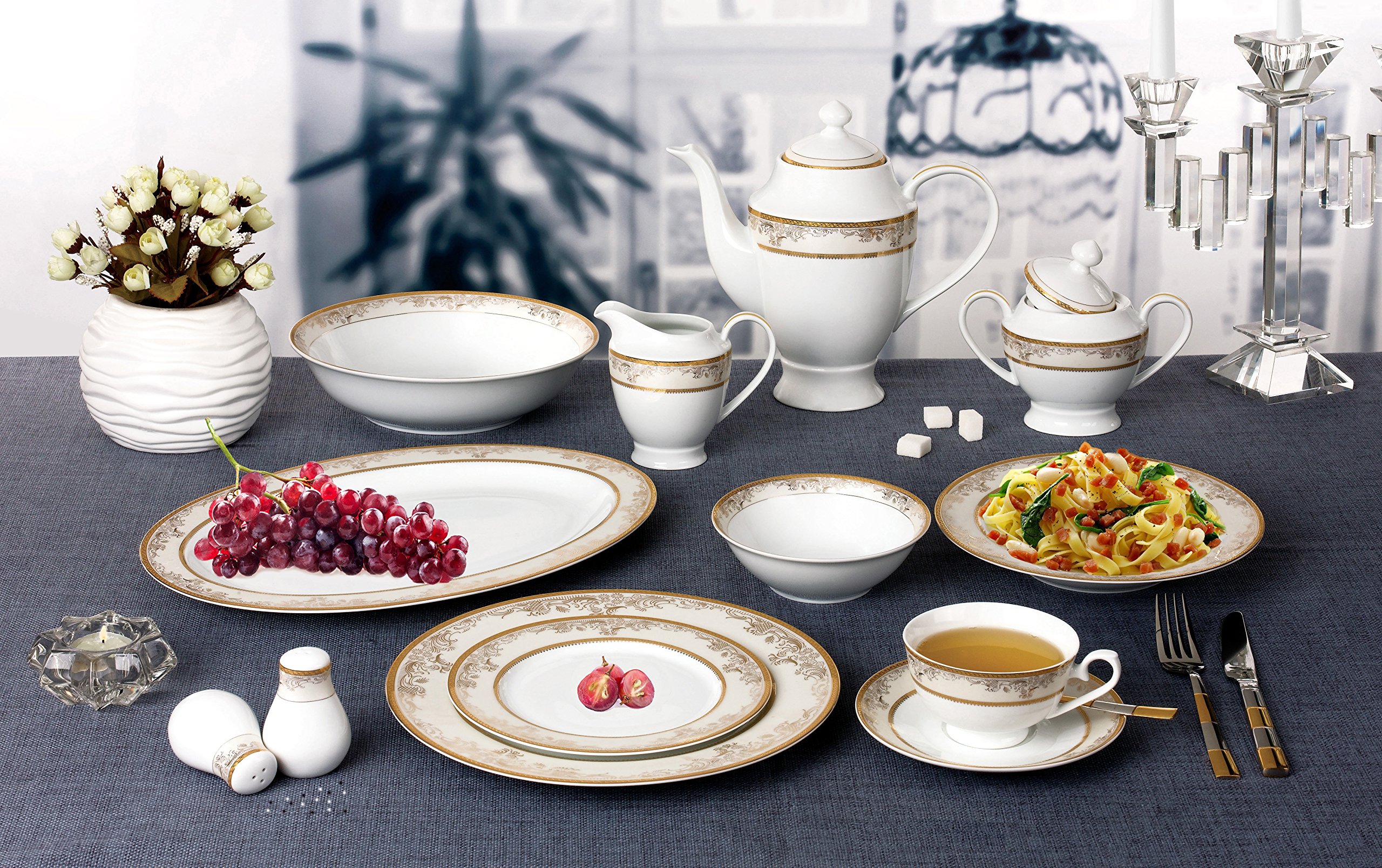 Lorren Home Trends 57 Piece 'Chloe' Bone China Dinnerware Set (Service for 8 People), Gold