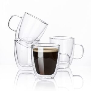 kanwone glass coffee mugs - 12.5 ounce double wall insulated mug set with handle, clear coffee mugs, perfect for latte, americano, cappuccinos, tea bag, beverage, set of 4