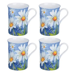 gracie bone china by coastline imports white daisies pastel blue 9-ounce mug, set of 4