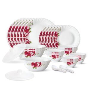 borosil gourmet dinnerware set for 6, 35 pieces, white dinner plates and bowls , chip resistant tempered opal glass, stain resistant, dishwasher & microwave safe dinner set for gifting, serves 6