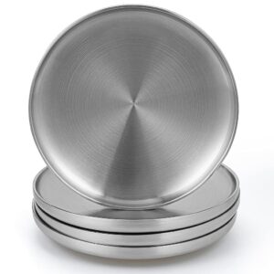 sanbege 304 stainless steel dinner plates, 9" double layered serving plates, brushed metal dishes for camping, bbq, steak, salad, snack, pack of 4