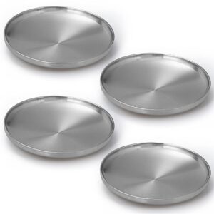 Sanbege 304 Stainless Steel Dinner Plates, 9" Double Layered Serving Plates, Brushed Metal Dishes for Camping, BBQ, Steak, Salad, Snack, Pack of 4