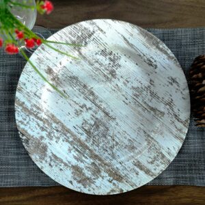 JRHCGH 13" Round Faux Wooden Charger Plates,Chargers For Dinner Plates Set Of 6, Antique Plastic Plates Bulk Wedding,Elegant Decor Place For All Occasions (White)