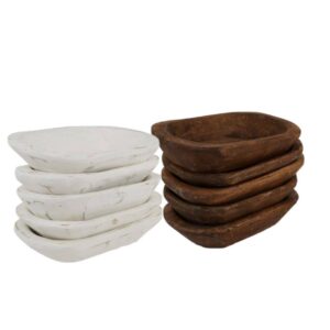rustic dough bowl - handmade - wood - half starter pack - quantity 10 "5.5-6 x 11-12 x 1.5-2.5 inches" mini waxed & white mixed-10