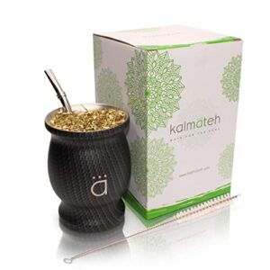 kalmateh yerba mate gourd set - traditional modern mate cup includes bombilla filter straw and cleaning brush- double walled stainless steel (turquoise, 8.6 oz)