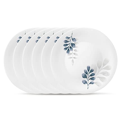 Bormioli Rocco White Moon Botanica Blue, Set Of 6, 10.75" Dinner Plates, Tempered Opal Glass Dishes, Dishwasher & Microwave Safe, Made In Spain.