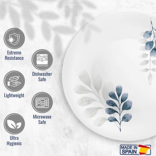 Bormioli Rocco White Moon Botanica Blue, Set Of 6, 10.75" Dinner Plates, Tempered Opal Glass Dishes, Dishwasher & Microwave Safe, Made In Spain.