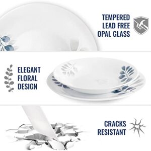 Bormioli Rocco White Moon Botanica Blue, Set Of 6, 10.75" Dinner Plates, Tempered Opal Glass Dishes, Dishwasher & Microwave Safe, Made In Spain.