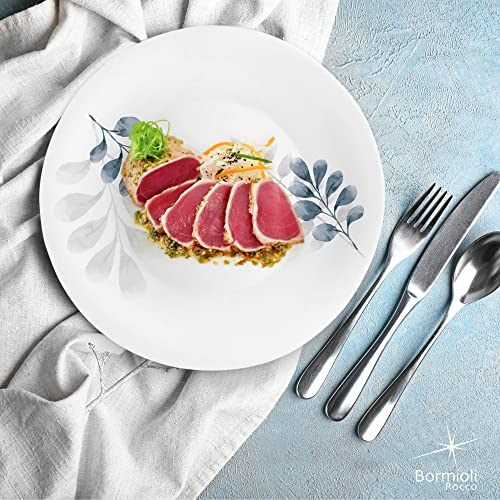 Bormioli Rocco White Moon Botanica Blue, Set Of 6, 10.75" Dinner Plates, Tempered Opal Glass Dishes, Dishwasher & Microwave Safe, Made In Spain.