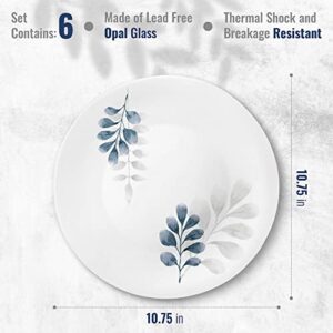 Bormioli Rocco White Moon Botanica Blue, Set Of 6, 10.75" Dinner Plates, Tempered Opal Glass Dishes, Dishwasher & Microwave Safe, Made In Spain.