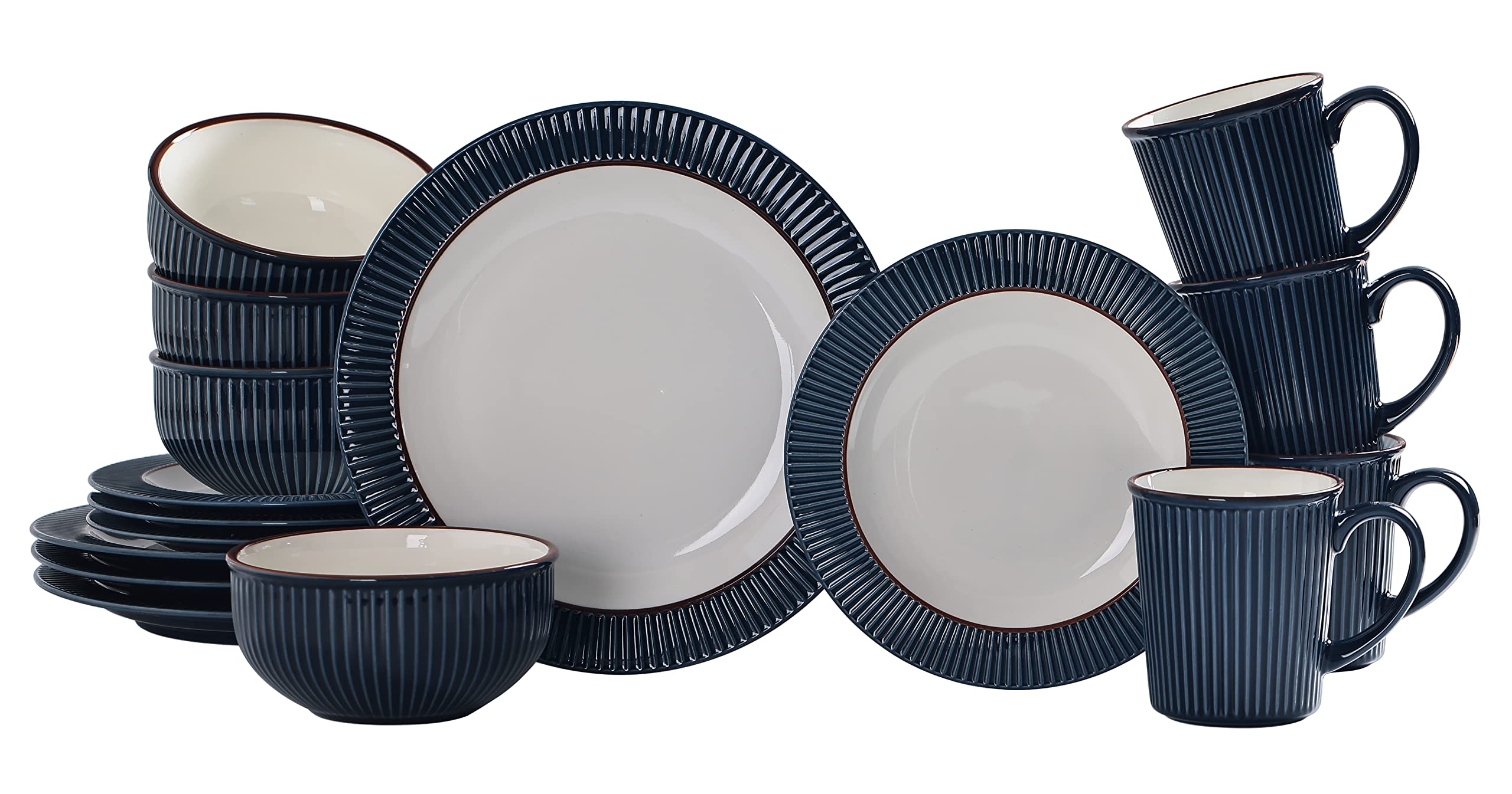 Bico Helios Blue Stoneware 16 pieces Dinnerware Set, Inclusive of Dinner Plates, Salad Plates, Cereal Bowls and Mugs, Microwave and Dishwasher Safe