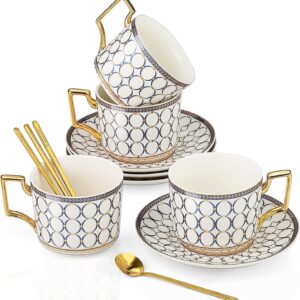 CwlwGO-European Style Ceramic Coffe Cup and Saucer Sets, 7 Oz Bone China Beautifully Glazed Blue Gold Tea Cup Set, Golden Spoon,Cappuccino, Latte, Suitable For Women's Gifts (4 pack).……