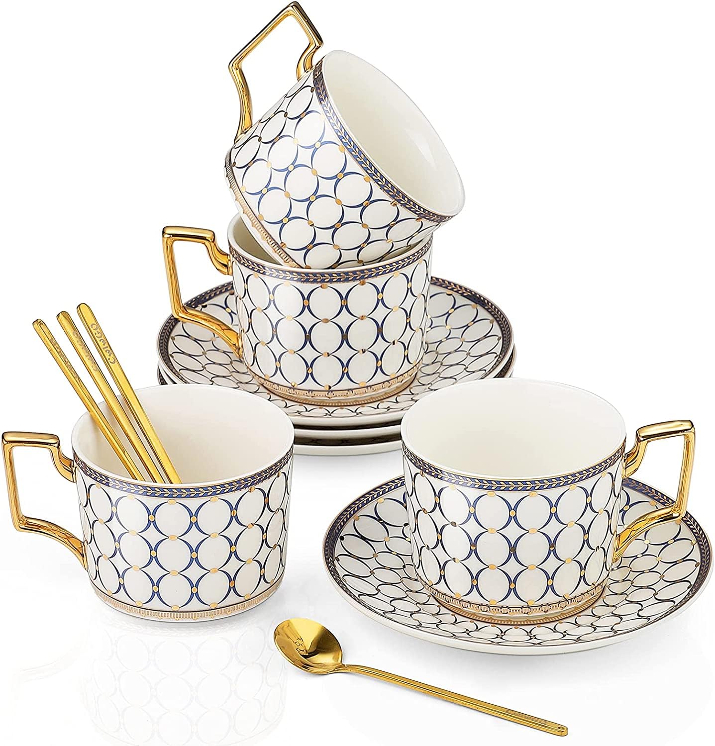 CwlwGO-European Style Ceramic Coffe Cup and Saucer Sets, 7 Oz Bone China Beautifully Glazed Blue Gold Tea Cup Set, Golden Spoon,Cappuccino, Latte, Suitable For Women's Gifts (4 pack).……