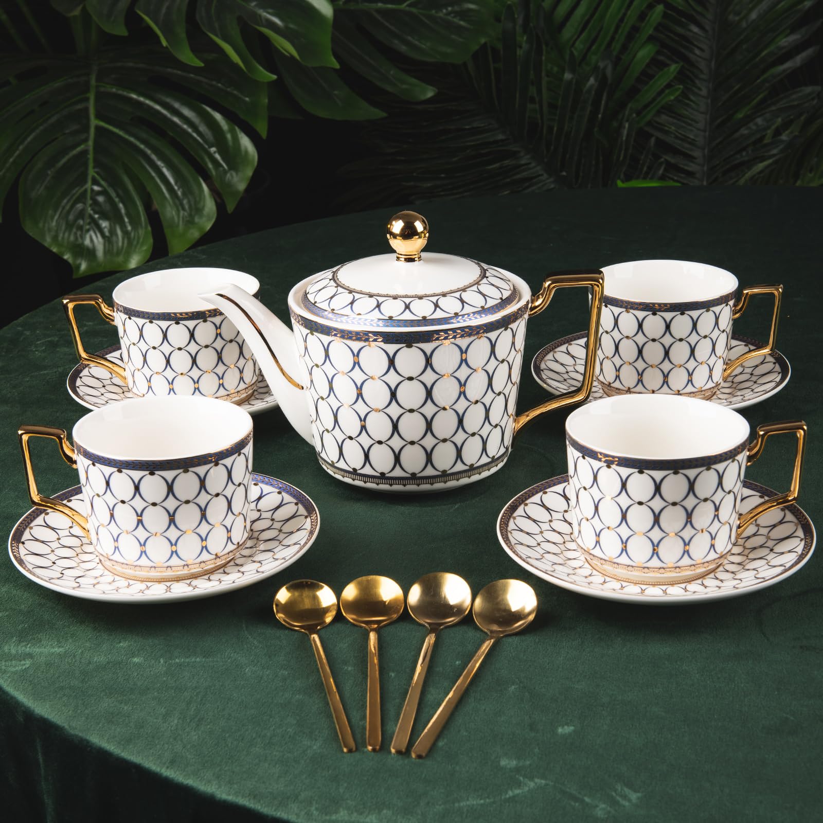 CwlwGO-European Style Ceramic Coffe Cup and Saucer Sets, 7 Oz Bone China Beautifully Glazed Blue Gold Tea Cup Set, Golden Spoon,Cappuccino, Latte, Suitable For Women's Gifts (4 pack).……