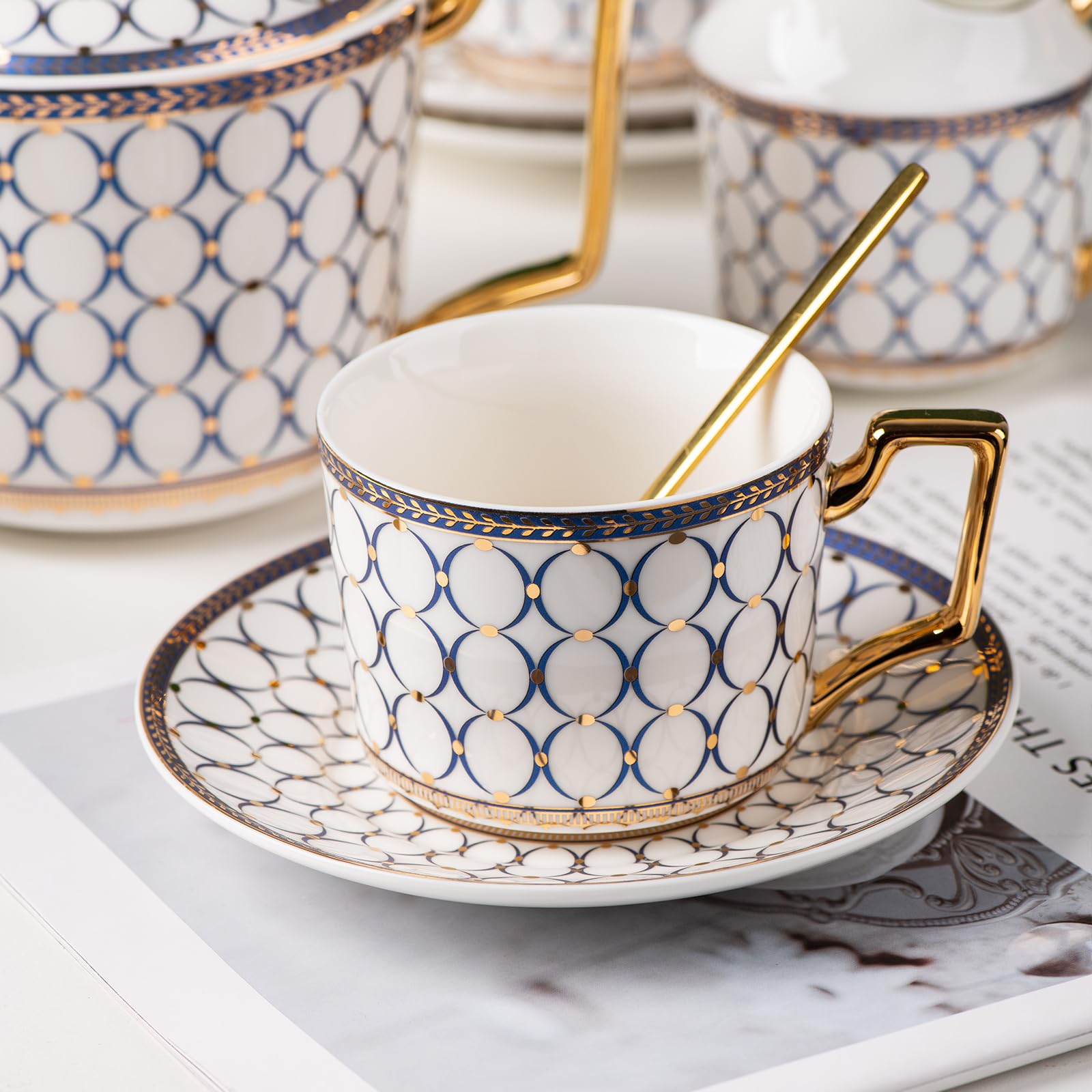 CwlwGO-European Style Ceramic Coffe Cup and Saucer Sets, 7 Oz Bone China Beautifully Glazed Blue Gold Tea Cup Set, Golden Spoon,Cappuccino, Latte, Suitable For Women's Gifts (4 pack).……