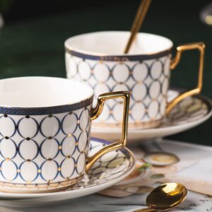 CwlwGO-European Style Ceramic Coffe Cup and Saucer Sets, 7 Oz Bone China Beautifully Glazed Blue Gold Tea Cup Set, Golden Spoon,Cappuccino, Latte, Suitable For Women's Gifts (4 pack).……