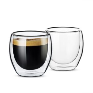 luxu double wall glass coffee mugs,3.5 fl.oz mini espresso cups, tiny insulated borosilicate glass coffee mugs set of 2,clear double walled glassware for for latte, cappuccino coffee and tea.