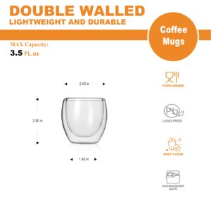 LUXU Double Wall Glass Coffee Mugs,3.5 Fl.oz Mini Espresso Cups, Tiny Insulated Borosilicate Glass Coffee Mugs Set of 2,Clear Double Walled Glassware for for Latte, Cappuccino Coffee and Tea.