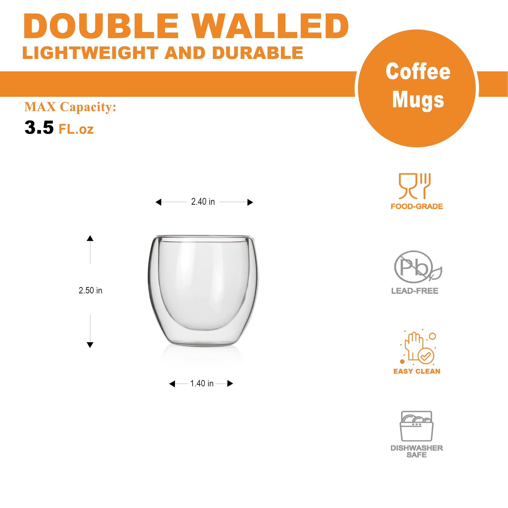 LUXU Double Wall Glass Coffee Mugs,3.5 Fl.oz Mini Espresso Cups, Tiny Insulated Borosilicate Glass Coffee Mugs Set of 2,Clear Double Walled Glassware for for Latte, Cappuccino Coffee and Tea.