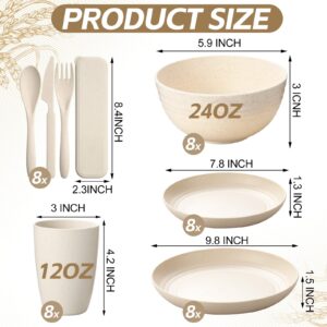 56 Pcs Wheat Straw Dinnerware Sets for 8 Reusable Plates and Bowls Set, Plastic Children Cups, Forks, Knives and Spoon Dishwasher Microwave Safe for Kitchen Camping Party Picnic Outdoor (Beige)