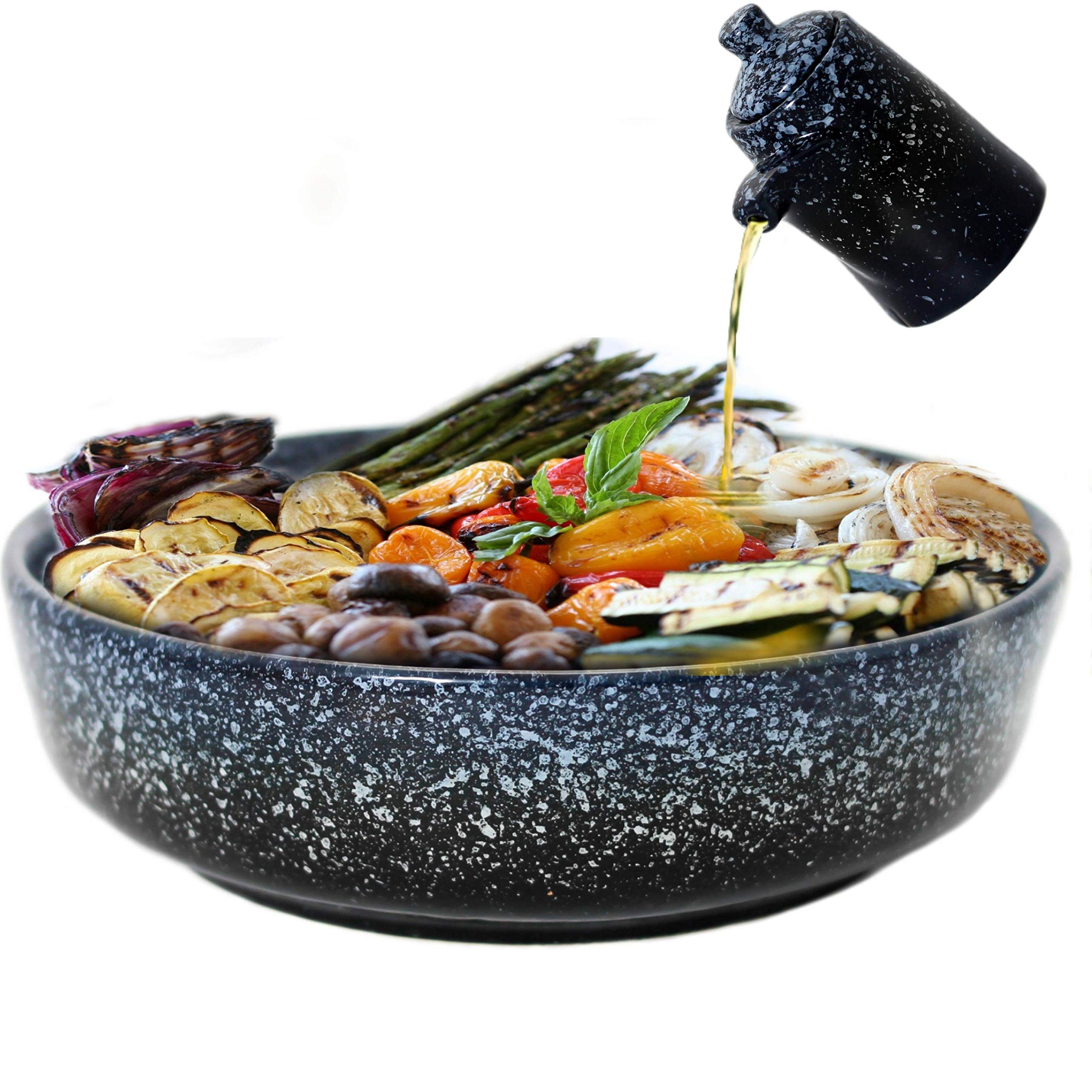 VALLENWOOD Extra Large Salad Serving Bowl, 11 inch. Big Ceramic Navy Dark Blue Pasta bowl Plus Oil Bottle. 95 oz. Beautiful And Elegant Huge Design. Giant Mixing and Fruit Bowls