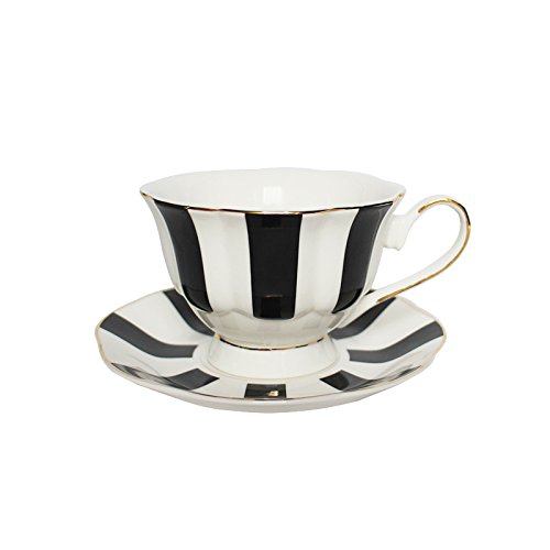 EKUEE Black and White Retro Series European Striped Polka Dot Coffee Cup and Saucer Mug Cake Plate Afternoon Tea Set (A)