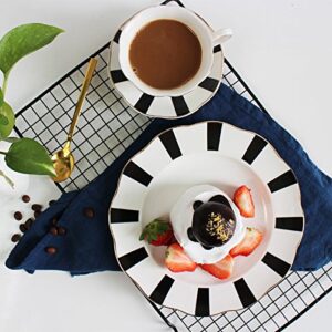 EKUEE Black and White Retro Series European Striped Polka Dot Coffee Cup and Saucer Mug Cake Plate Afternoon Tea Set (A)