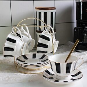 EKUEE Black and White Retro Series European Striped Polka Dot Coffee Cup and Saucer Mug Cake Plate Afternoon Tea Set (A)