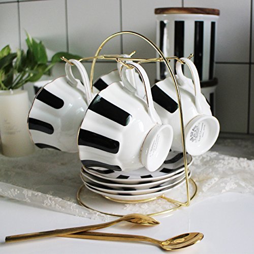 EKUEE Black and White Retro Series European Striped Polka Dot Coffee Cup and Saucer Mug Cake Plate Afternoon Tea Set (A)