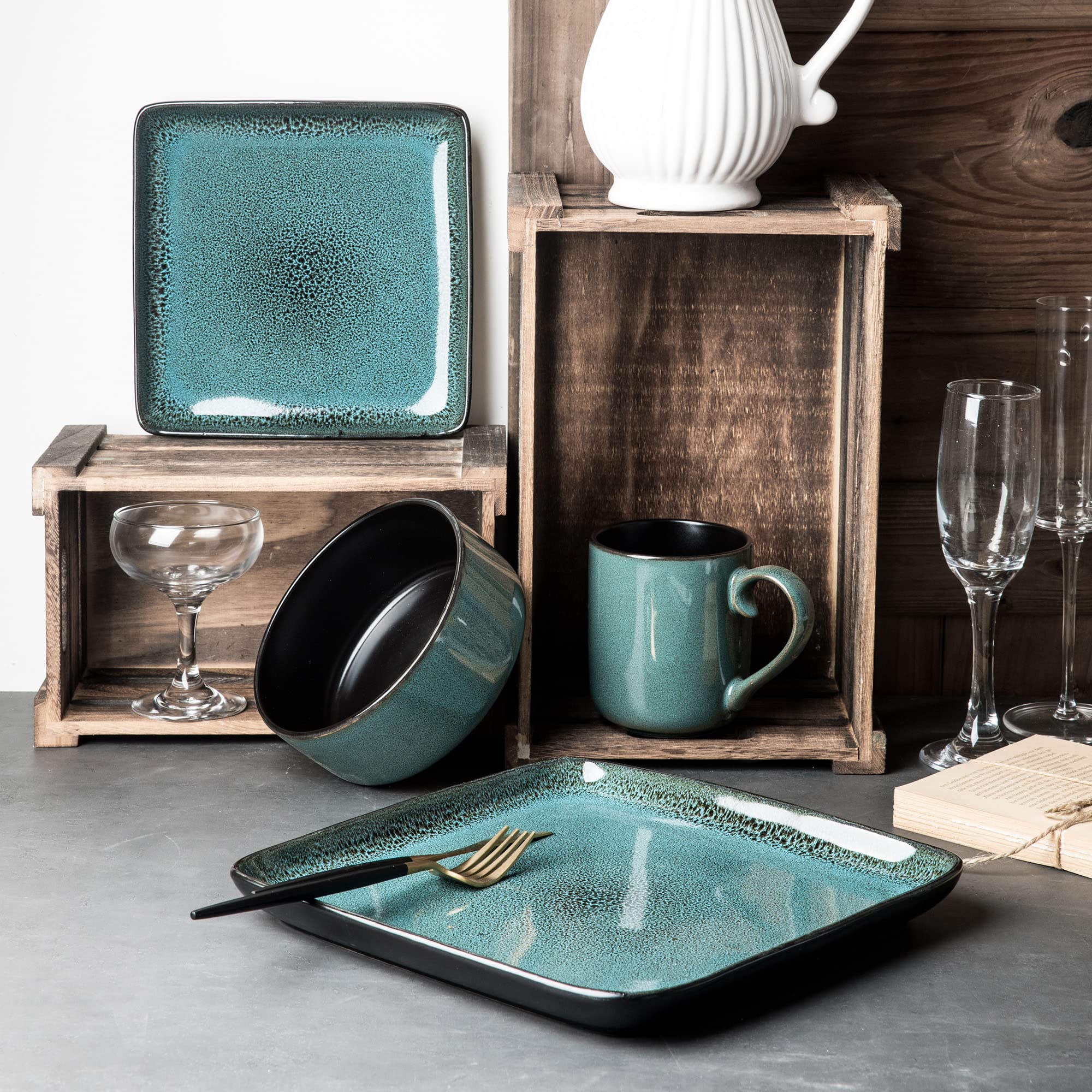 Arora FLACKAR Square Stoneware 16pc Dinnerware Set for 4, Dinner Plates, Side Plates, Cereal Bowls, Mugs - Reactive Glaze Turquoise (497248)