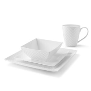 32 Pc. Square Basketweave Porcelain Dishes Set – White Dinner Plates, Bowls, Coffee Cups