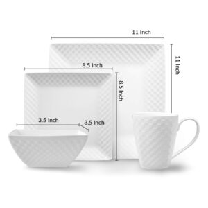 32 Pc. Square Basketweave Porcelain Dishes Set – White Dinner Plates, Bowls, Coffee Cups