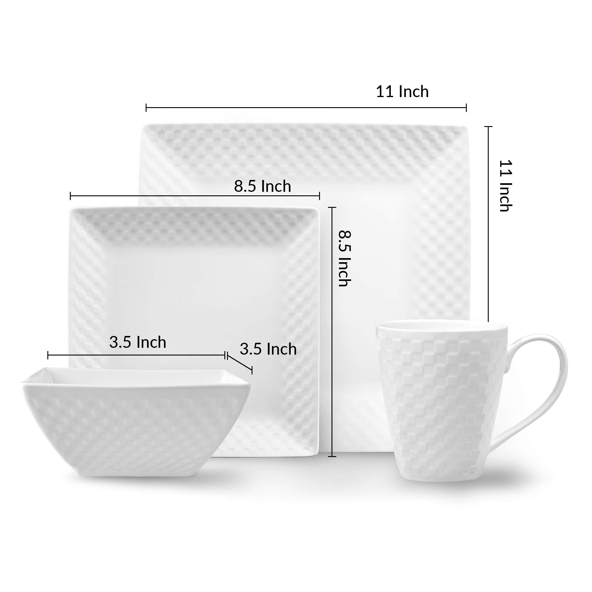 32 Pc. Square Basketweave Porcelain Dishes Set – White Dinner Plates, Bowls, Coffee Cups