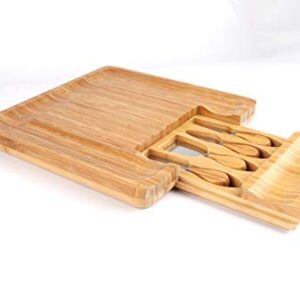 Natural Premium Bamboo Cheese Board - with Slide Out Cheese Knife Drawer, Perfect as a Charcuterie Platter and Wine Serving Tray. Ideal for Birthdays, Weddings or Housewarming Gifts.