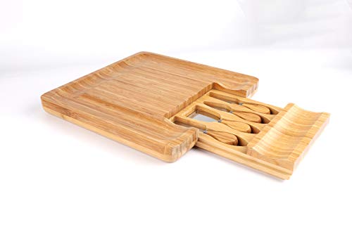 Natural Premium Bamboo Cheese Board - with Slide Out Cheese Knife Drawer, Perfect as a Charcuterie Platter and Wine Serving Tray. Ideal for Birthdays, Weddings or Housewarming Gifts.