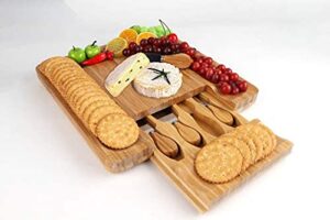 natural premium bamboo cheese board - with slide out cheese knife drawer, perfect as a charcuterie platter and wine serving tray. ideal for birthdays, weddings or housewarming gifts.