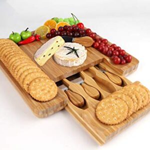 Natural Premium Bamboo Cheese Board - with Slide Out Cheese Knife Drawer, Perfect as a Charcuterie Platter and Wine Serving Tray. Ideal for Birthdays, Weddings or Housewarming Gifts.