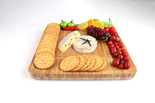 Natural Premium Bamboo Cheese Board - with Slide Out Cheese Knife Drawer, Perfect as a Charcuterie Platter and Wine Serving Tray. Ideal for Birthdays, Weddings or Housewarming Gifts.