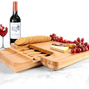 Natural Premium Bamboo Cheese Board - with Slide Out Cheese Knife Drawer, Perfect as a Charcuterie Platter and Wine Serving Tray. Ideal for Birthdays, Weddings or Housewarming Gifts.