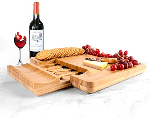 Natural Premium Bamboo Cheese Board - with Slide Out Cheese Knife Drawer, Perfect as a Charcuterie Platter and Wine Serving Tray. Ideal for Birthdays, Weddings or Housewarming Gifts.