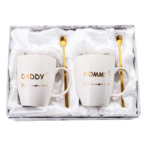 cedilis mom and dad coffee mug set, new mom and dad gifts new parents gifts, mother father ceramic mugs cups from daughter son, exquisite box package with spoons for christmas, white, 15oz