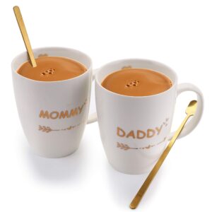 Cedilis Mom and Dad Coffee Mug Set, New Mom and Dad Gifts New Parents Gifts, Mother Father Ceramic Mugs Cups from Daughter Son, Exquisite Box Package with Spoons for Christmas, White, 15oz