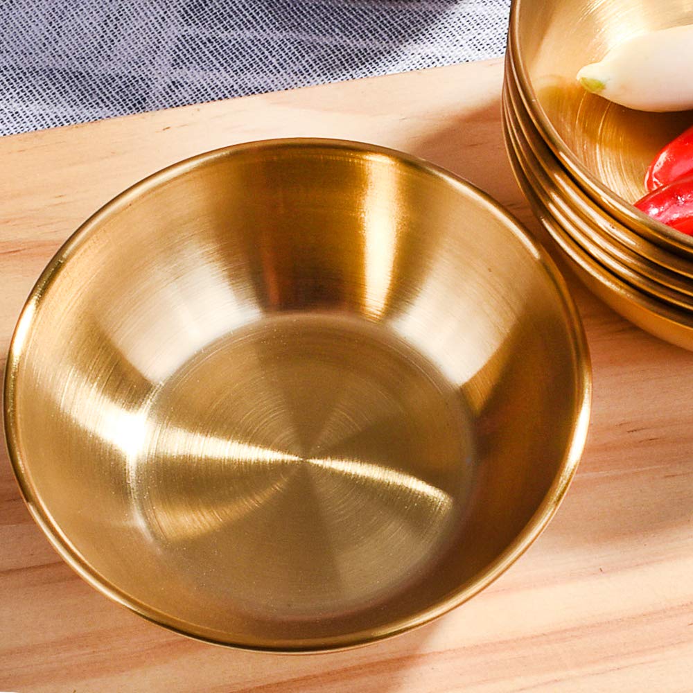 LMRLCS 6pcs Stainless Steel Soy Sauce Dishes, Round Seasoning Dishes, Sushi Dipping Saucers Bowl Mini Appetizer (Gold)