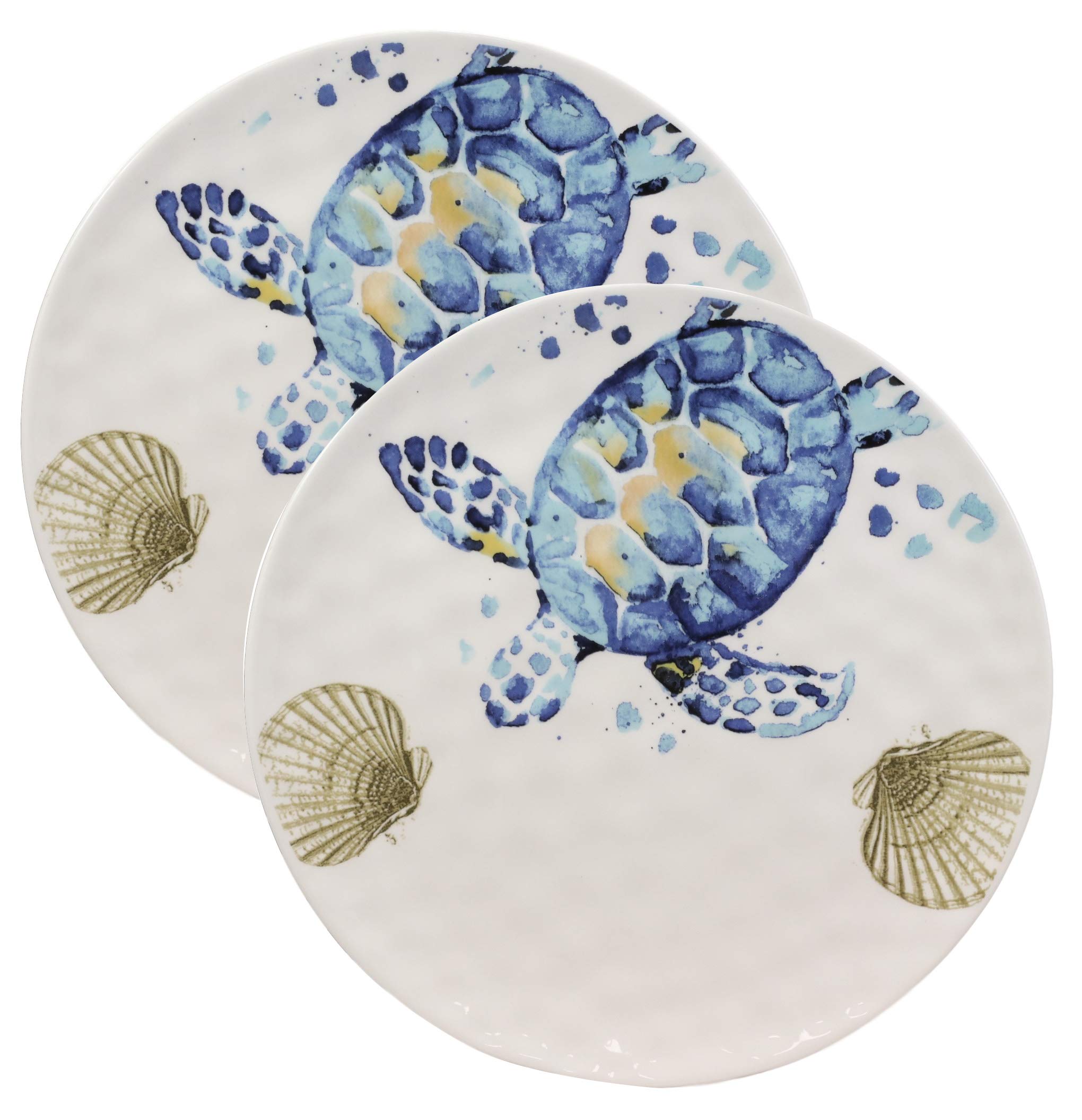 Ebros Nautical Marine Coastal Blue And White Sea Turtle Ceramic Dinnerware For Beach Party Hosting Kitchen And Dining Earthenware Serveware (Round Dinner Plate 11"D, 2)