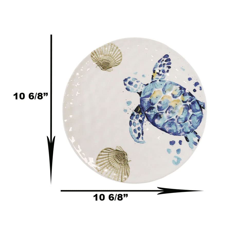 Ebros Nautical Marine Coastal Blue And White Sea Turtle Ceramic Dinnerware For Beach Party Hosting Kitchen And Dining Earthenware Serveware (Round Dinner Plate 11"D, 2)