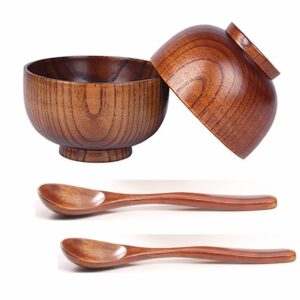 oryougo 4 pieces wooden handmade bowl and spoon for for rice miso serving home kitchen tableware