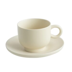 WENSHUO Cappuccino Cup, Round Retro Coffee Mug, Cup and Saucer Set, Matte Crème, 6.7 oz