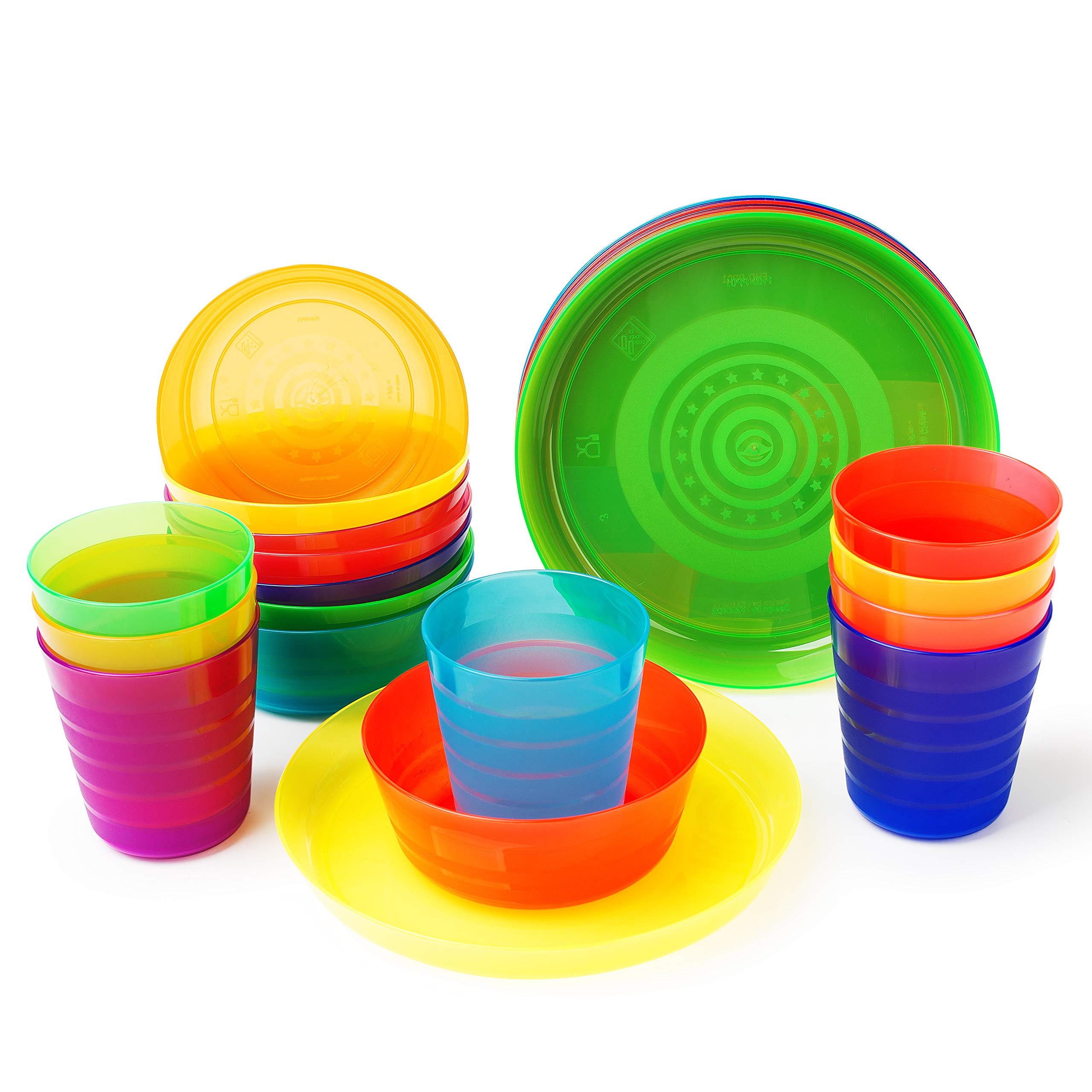 Plastic Dinnerware set for 8 | Kids dishes set include kids cups, kids plates, kids bowls | Rainbow colours for kids party indoor and camping | Reusable and Microwave Safe BPA Free for Kids & Toddler