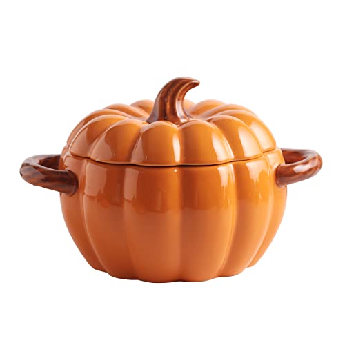 Yeexoxow Pumpkin Shaped Bowl 54 Oz, Pumpkin Bowl with Handles for Serving Soup, Ceramic Pumpkin Candy Dish with Lid, Orange