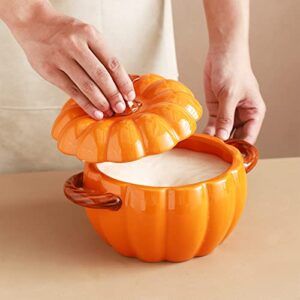 Yeexoxow Pumpkin Shaped Bowl 54 Oz, Pumpkin Bowl with Handles for Serving Soup, Ceramic Pumpkin Candy Dish with Lid, Orange